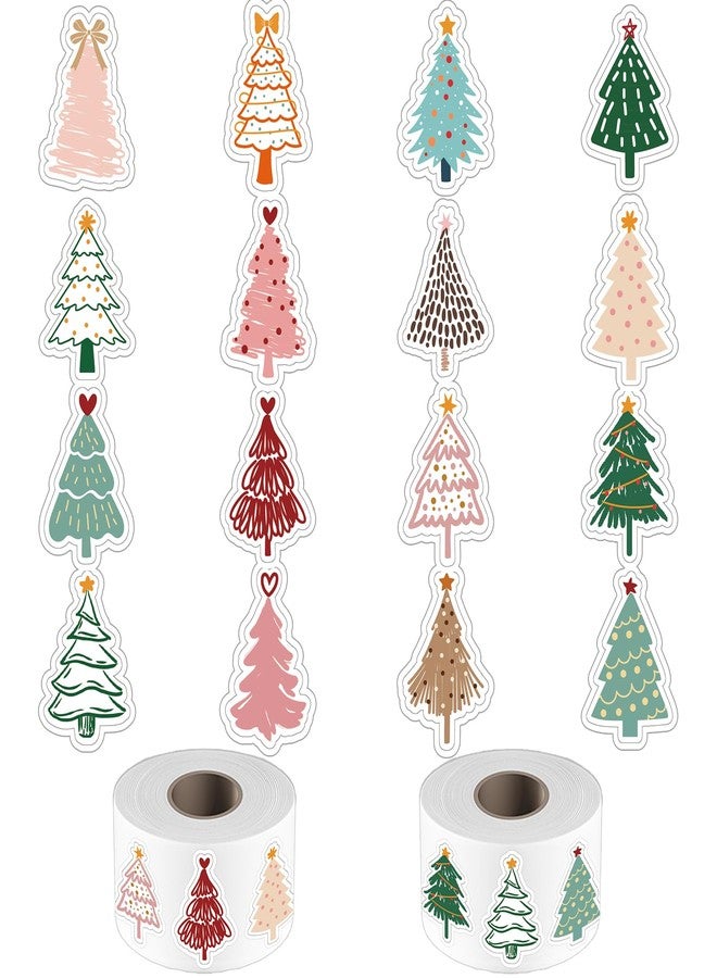 ZCPTZ 1000Pcs Christmas Tree Boho Stickers, 2 Rolls Christmas Pine Tree Decals Self-Adhesive Stickers for Birthday Holiday Labels, Xmas Party Decor, Gifts Wrapping, Scrapbooking, Envelope (16 Designs) - Image 1